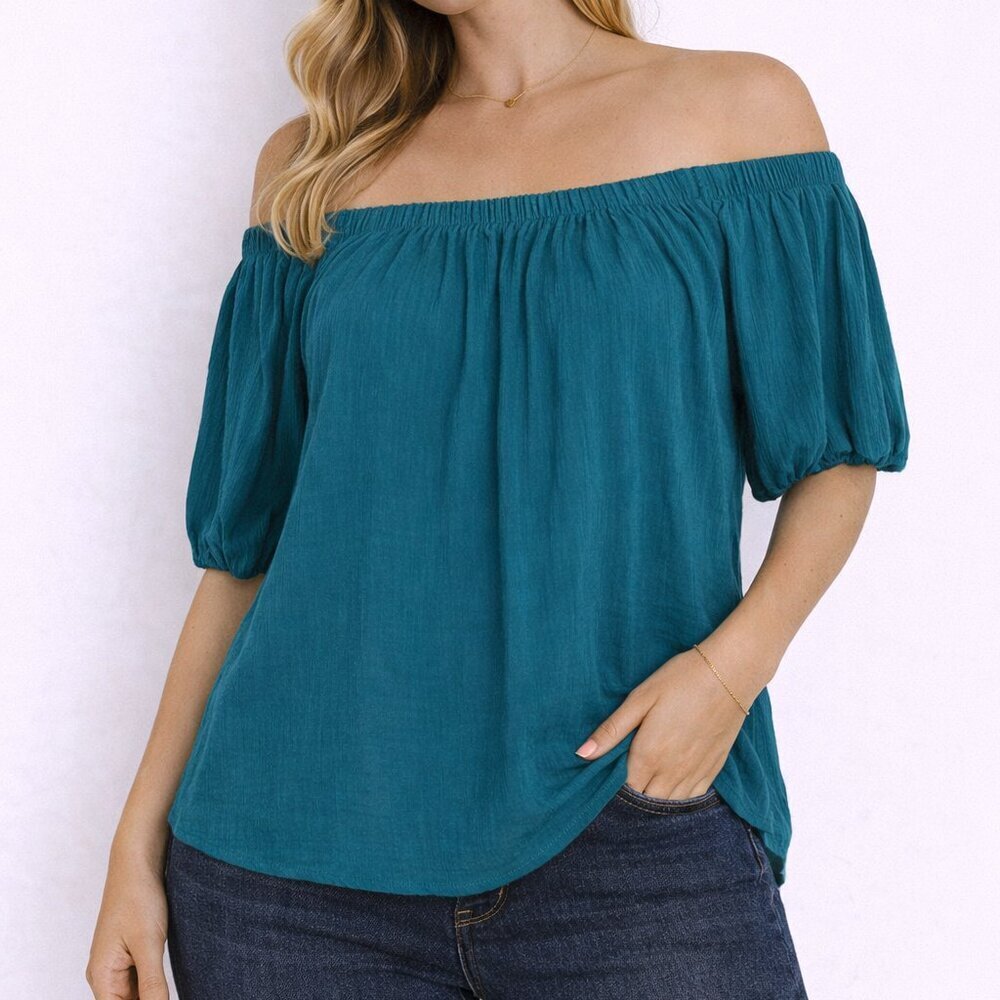 Anthropologie Elodie Top S Teal Off Shoulder Puff Sleeve Boho
